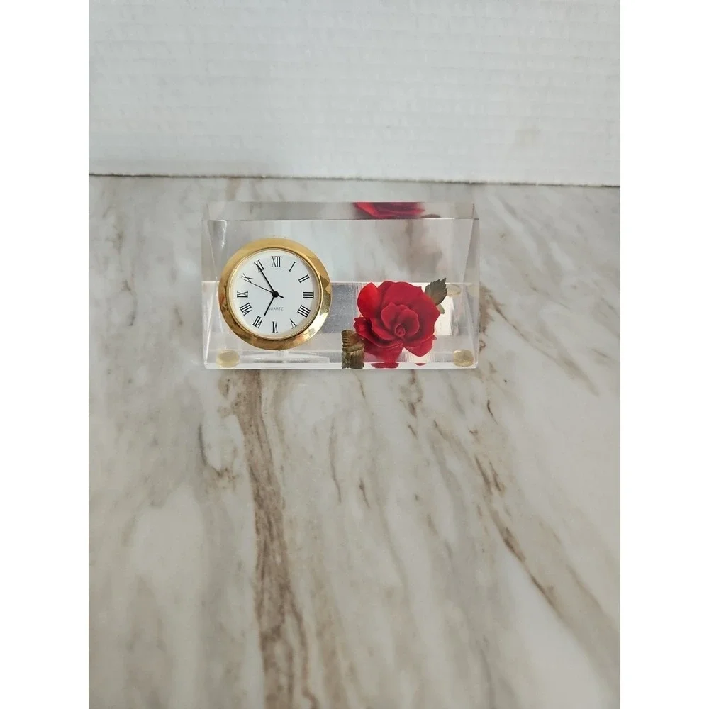 Bircraft Acrylic Rose Encased Form Table/Desk Analog Quartz Clock Decor